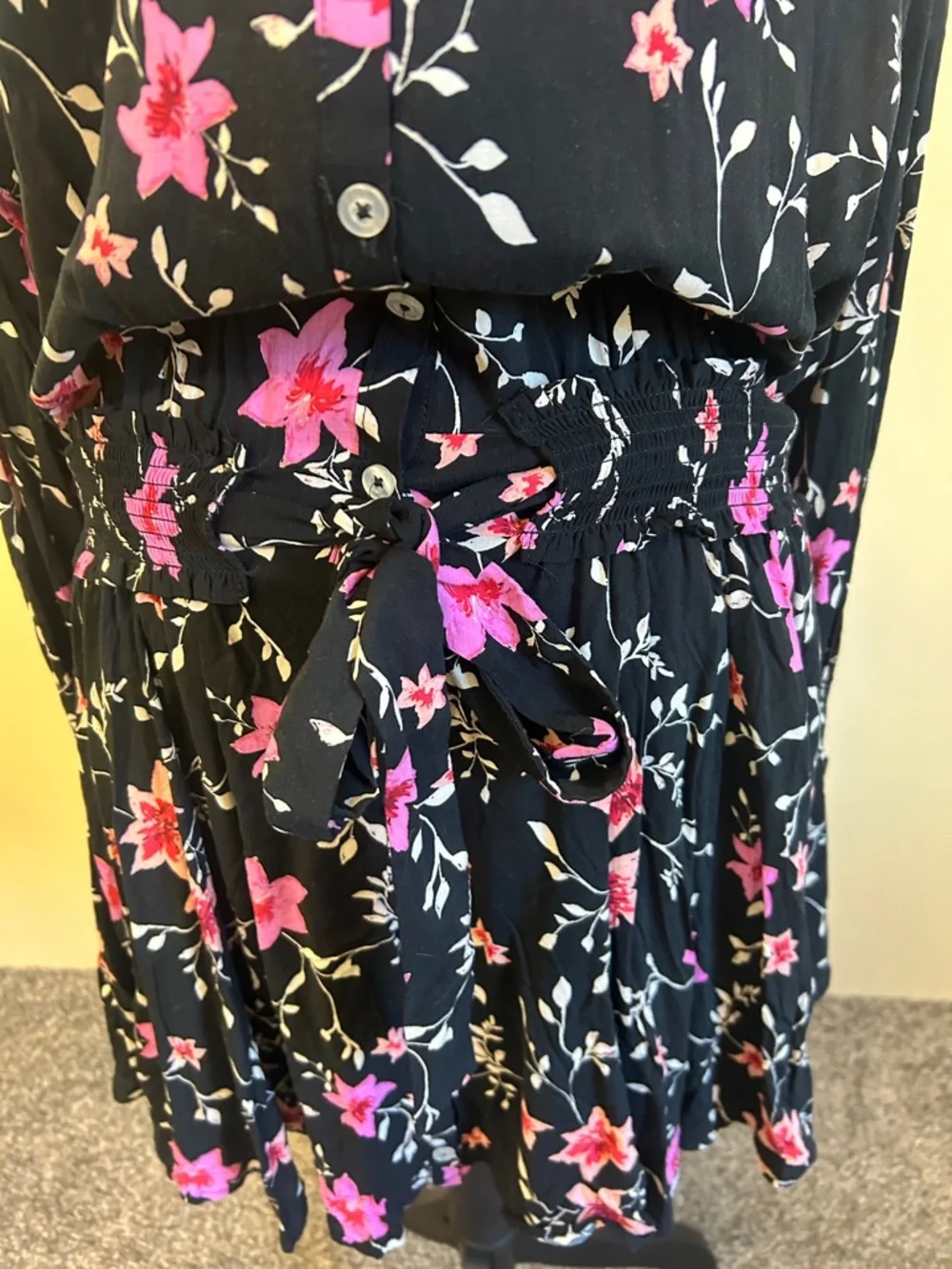 Free People Black Floral Button-Front Long Sleeve Dress with Pink Flowers - Picture 5 of 6